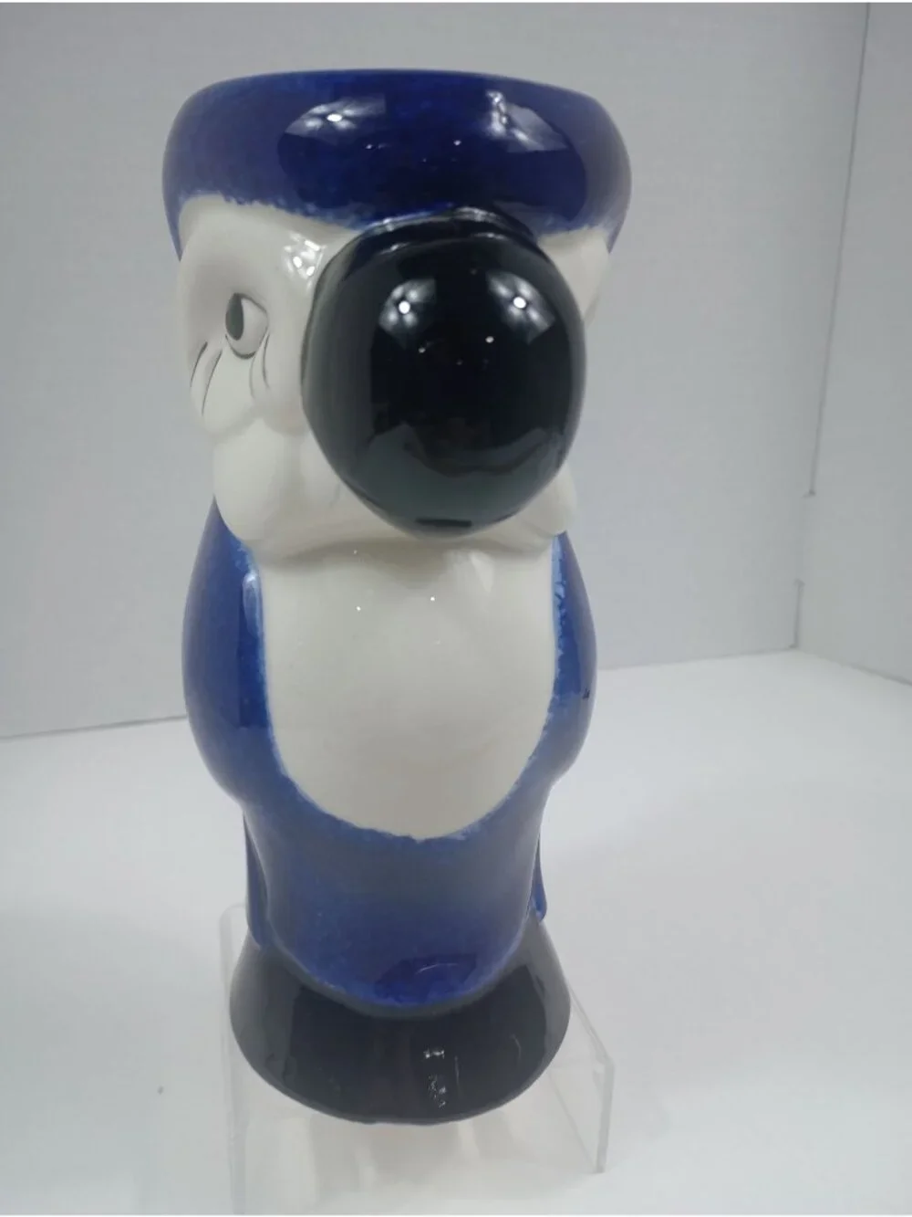 Vintage Tiki Cobalt Blue and White Ceramic  Hand Painted Macaw Parrot Mug, Vase